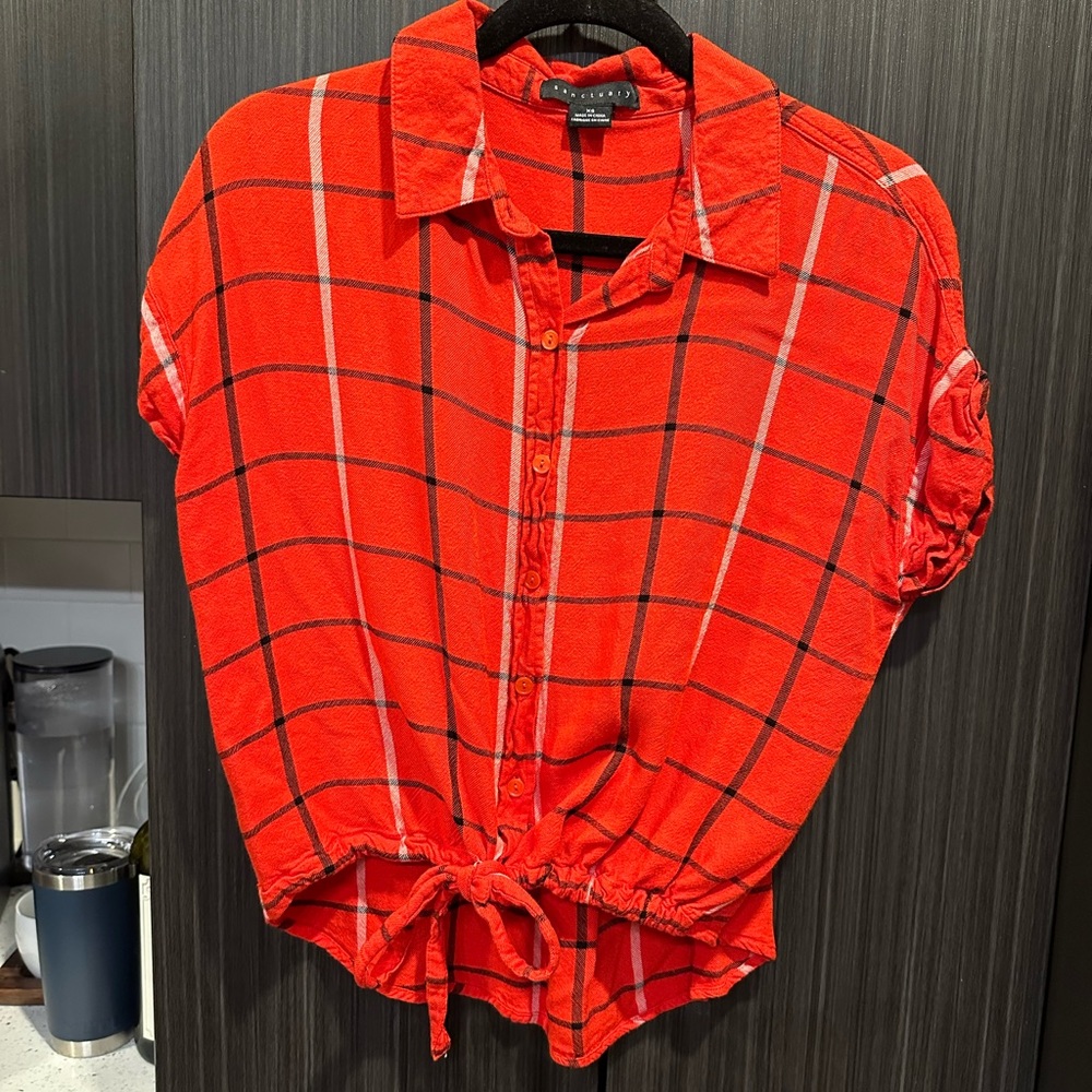 Sanctuary Tie-Front Cropped Button Down Red Plaid Size XS